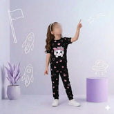 Black Kitty with Pink Hearts printed kids night suits