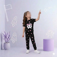 Black Kitty with Pink Hearts printed kids night suits